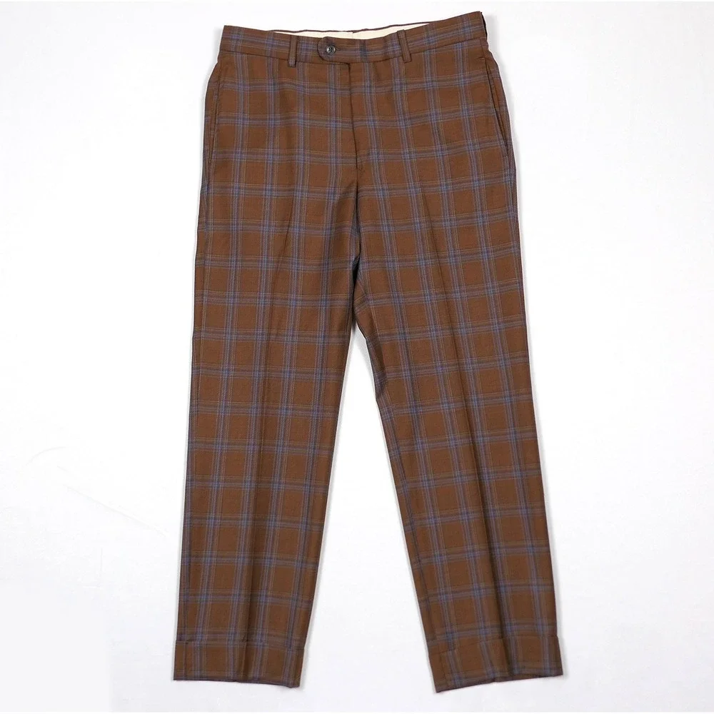Joseph Abboud Mens 3 Piece Suit 38R Brown Blue Plaid Reda Super 130s Wool USA